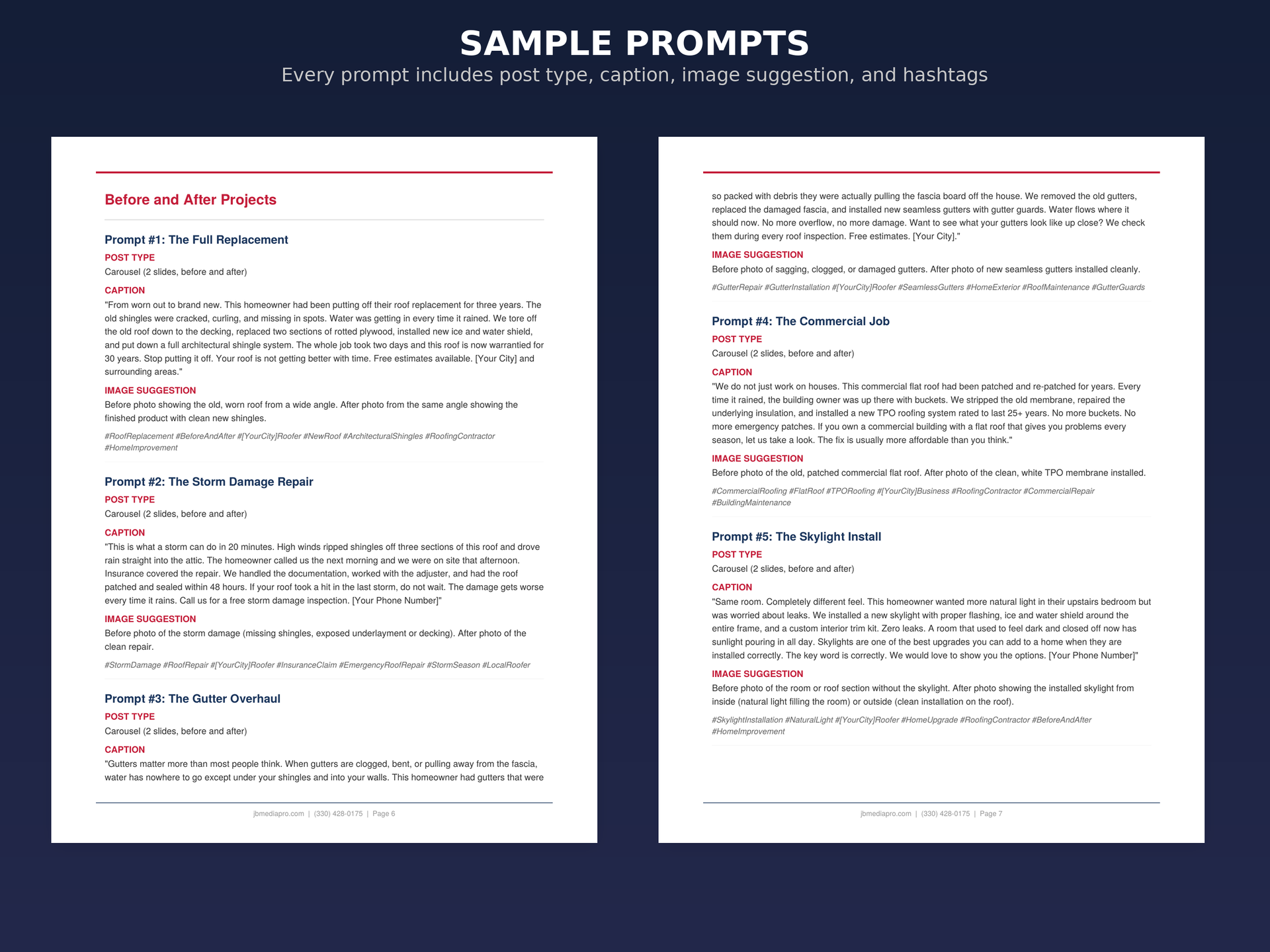 A document titled Sample Prompts, listing six different writing prompts with brief descriptions for each.