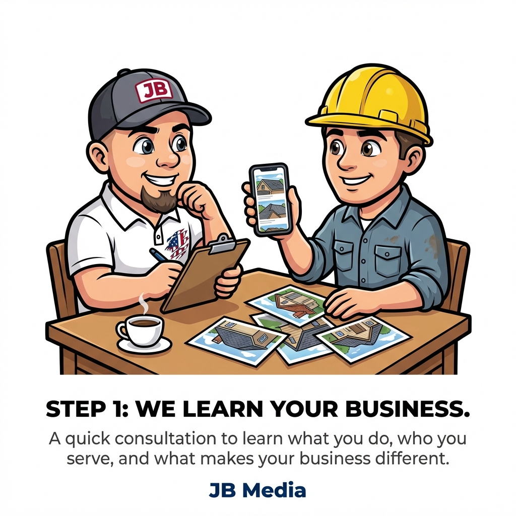 Two men at a table discussing business. One holds a phone with images; the other takes notes. Text: