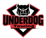 Underdog Towing logo with black bull head in red-outlined diamond and bold black-and-red text