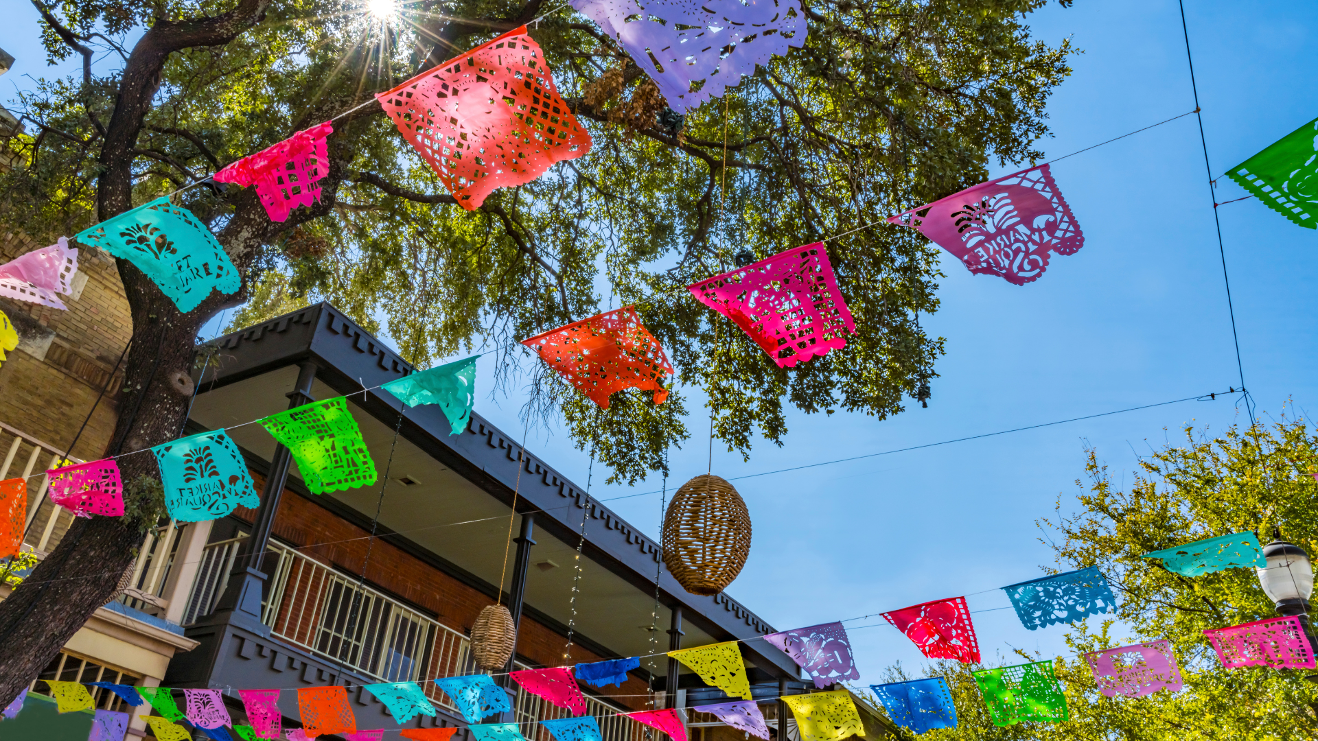 Colorful paper flags are hanging from a tree in front of a building in San Antonio