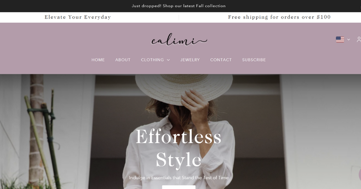 Screenshot of Calimi's storefront.