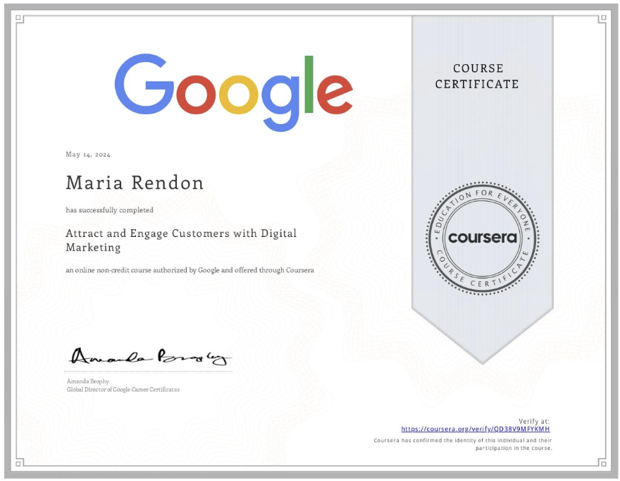 A google course certificate for maria rendon