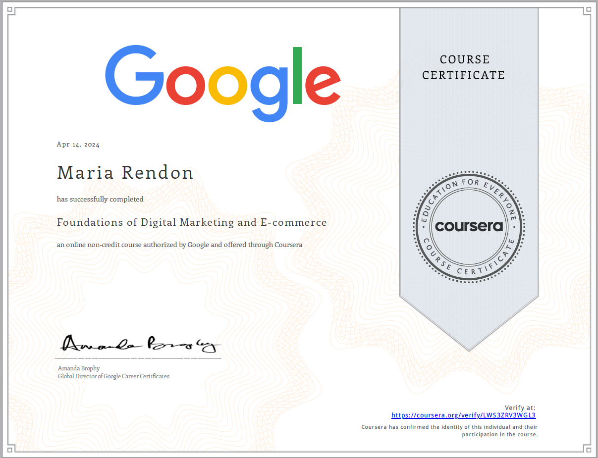 A google course certificate for maria rendon