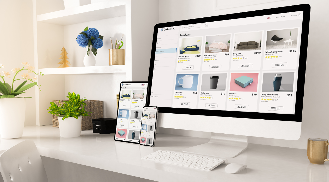 desktop computer with ecommerce site on screen