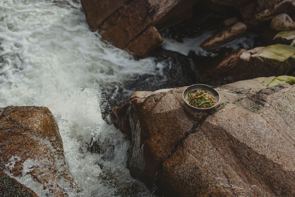 food plate by waterfall