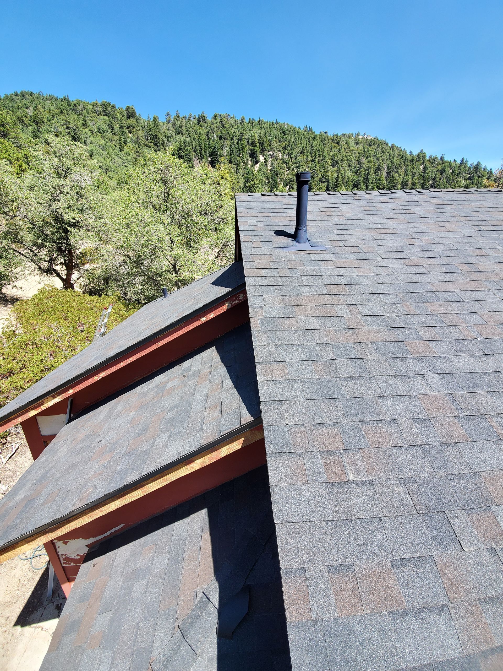 A roof with a chimney on top of it and trees in the background.