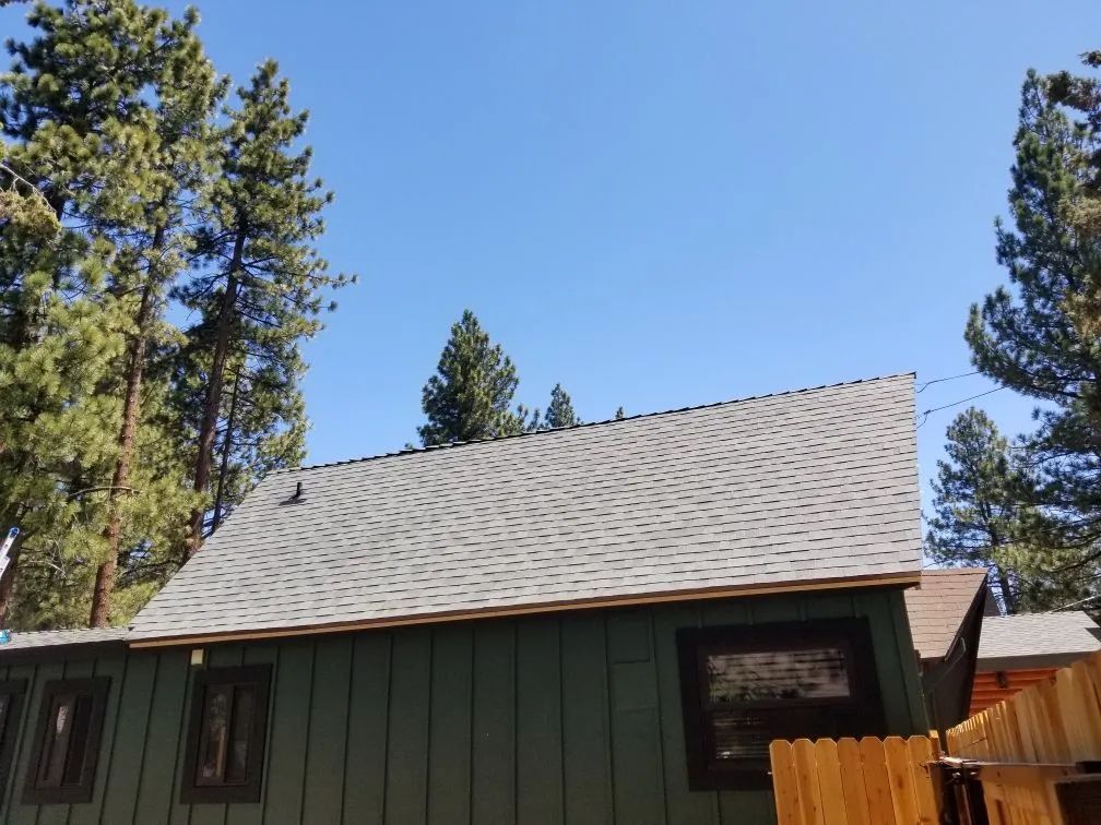 A green house with a white roof is surrounded by trees and a wooden fence.