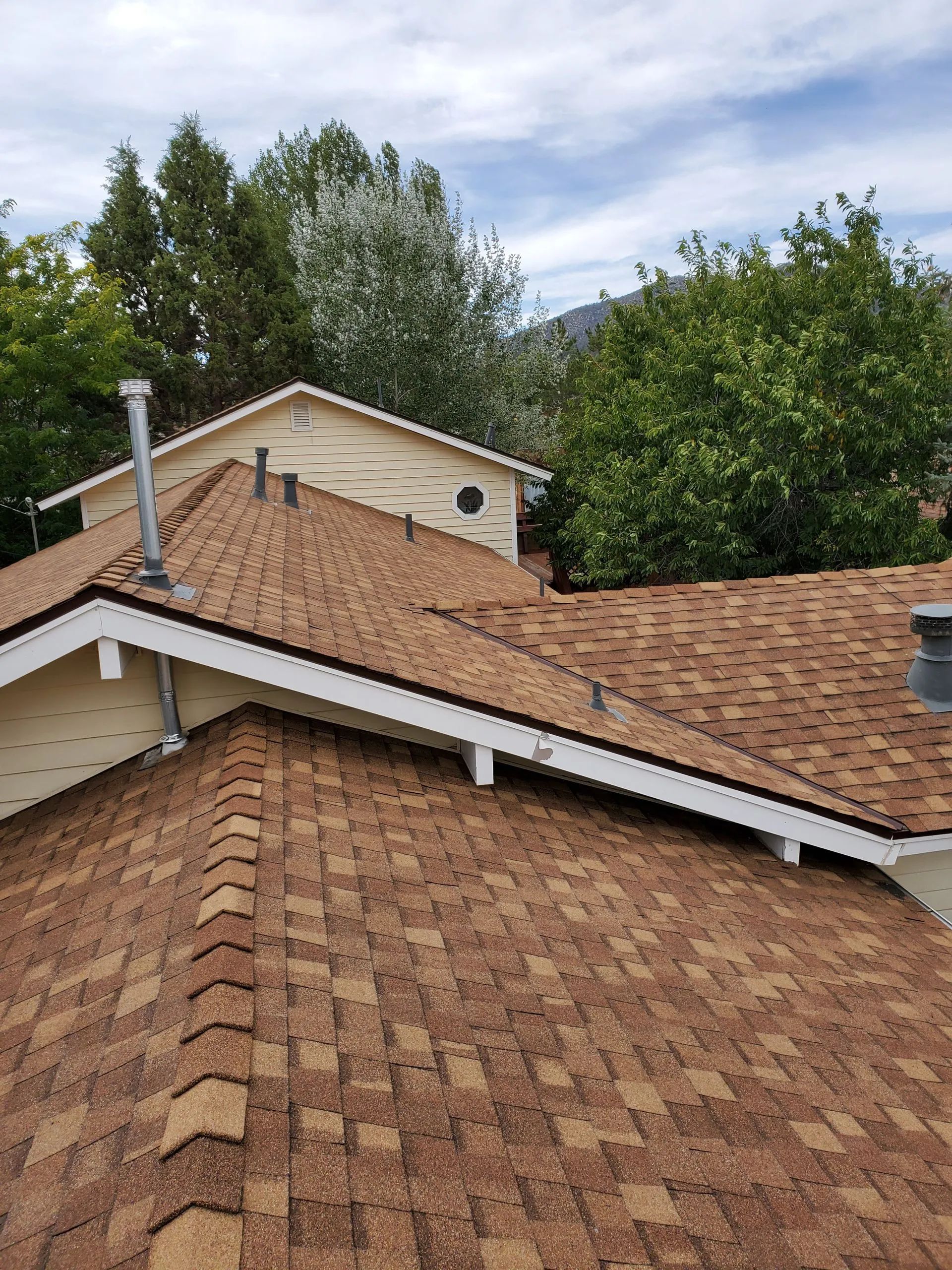 A house with a brown roof and trees in the background.