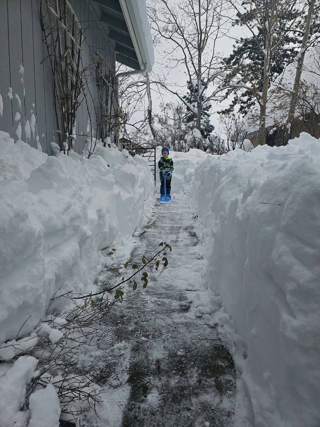 A person is standing in the middle of a snow covered path.