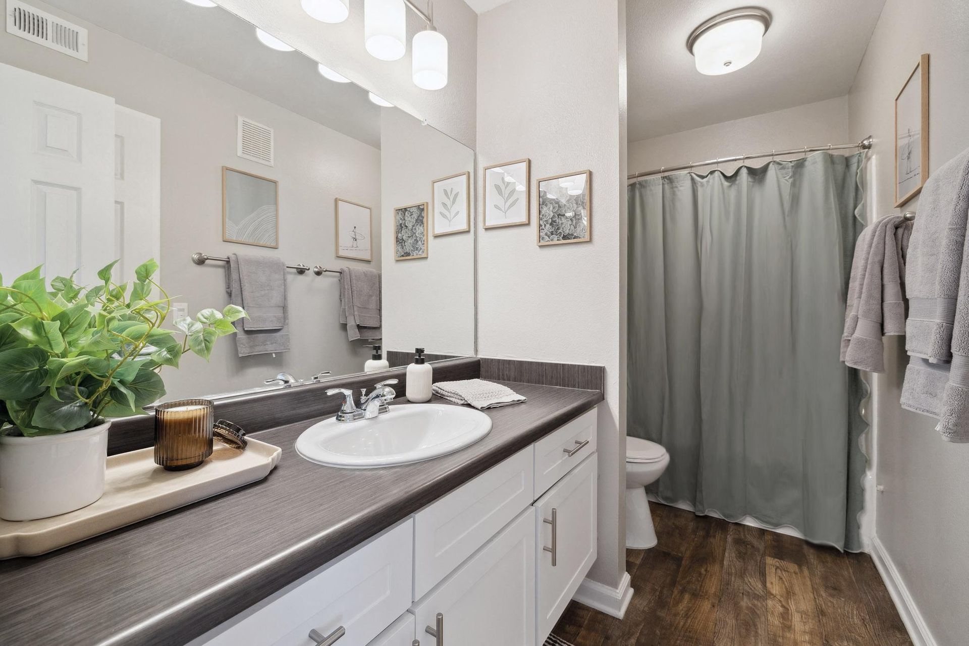 Bathroom interior with white vanity, large mirror, plant, towels, and a gray shower curtain.