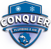 a blue and white logo for conquer plumbing and air