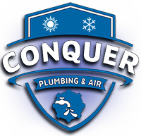 a blue and white logo for conquer plumbing and air