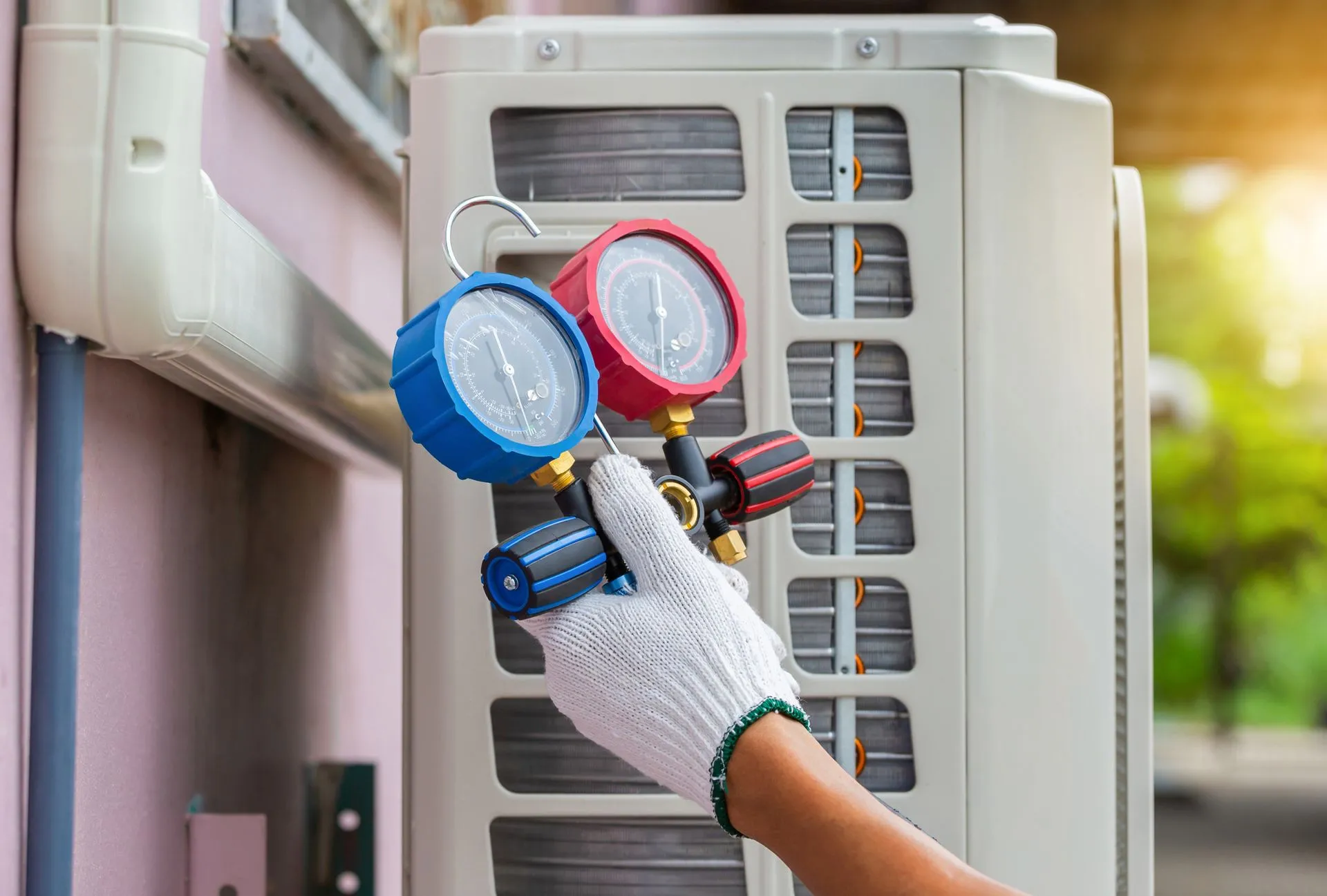 Technician using gauges to service an outdoor air conditioner unit