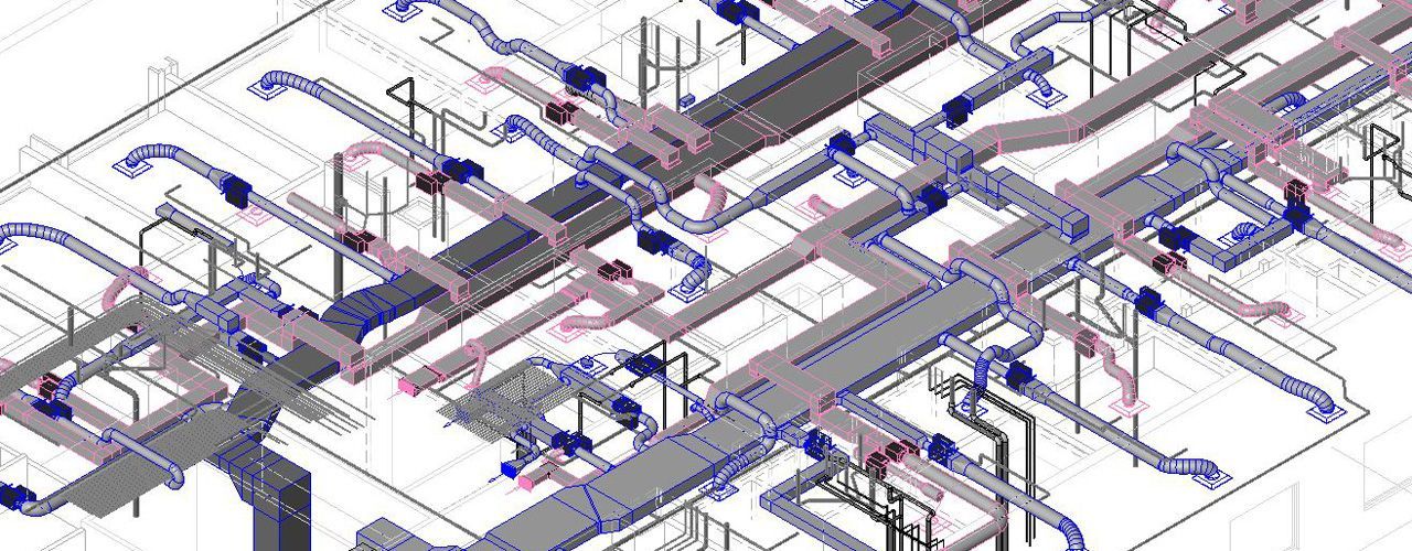 A 3d model of a building with a lot of pipes going through it.