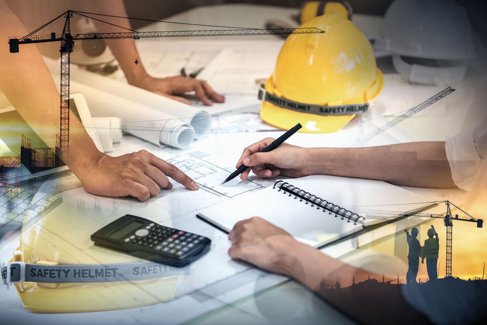 A group of construction workers are sitting at a table looking at blueprints.