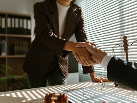 A family lawyer shakes hands with a client in their office after reaching an agreement in a lawsuit.