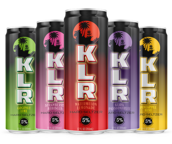 Two cans of klr energy drink are floating in the air.