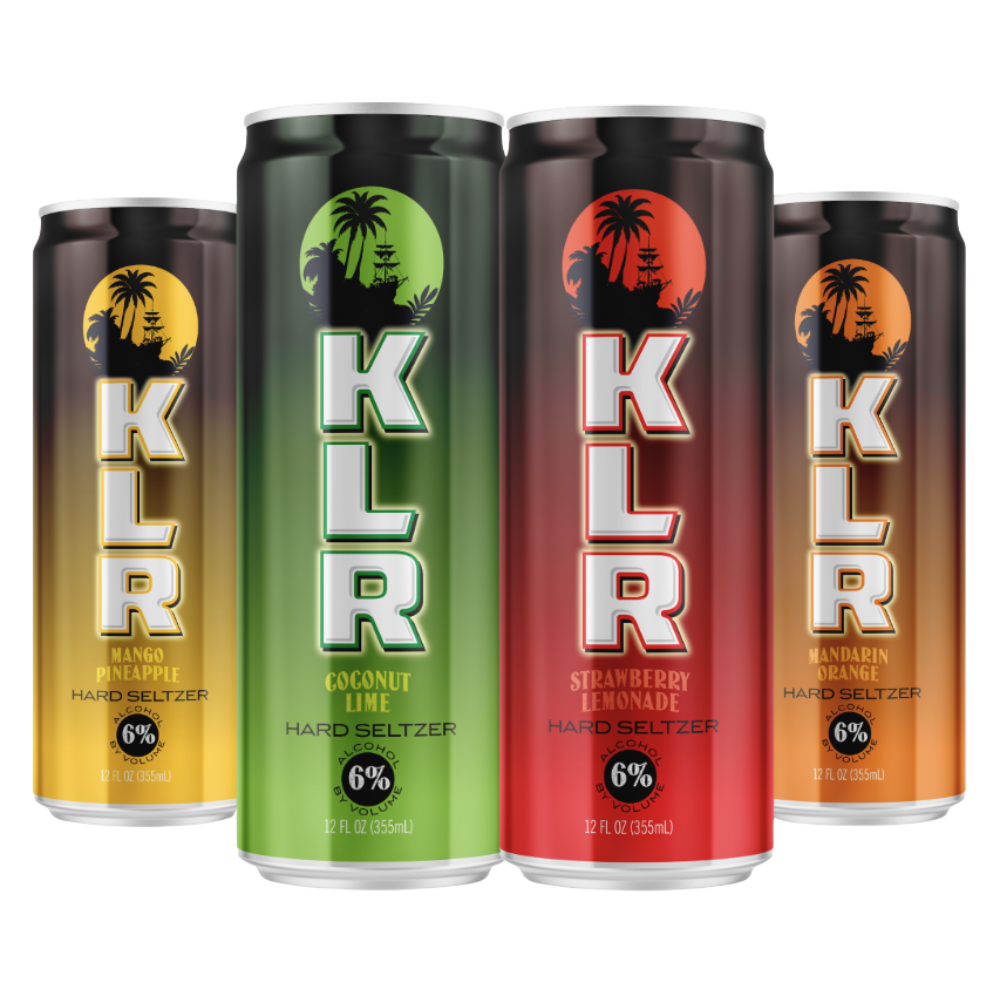 Four cans of klr hard seltzer are sitting next to each other on a white background.