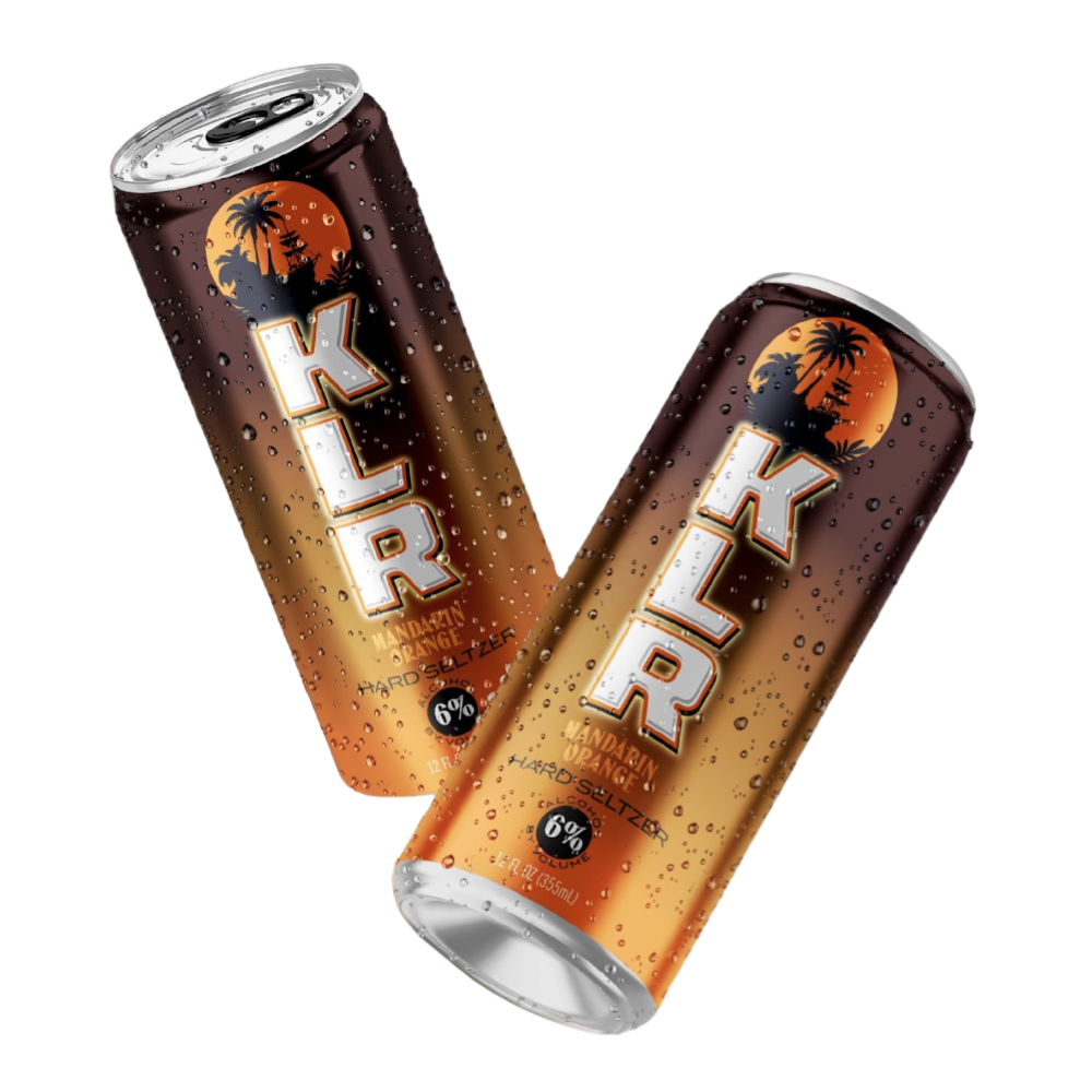 Two cans of klr energy drink are floating in the air.
