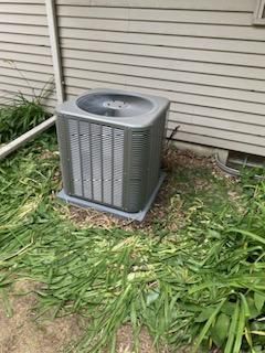 Central air conditioning unit on a concrete pad surrounded by overgrown grass, next to a building's siding.