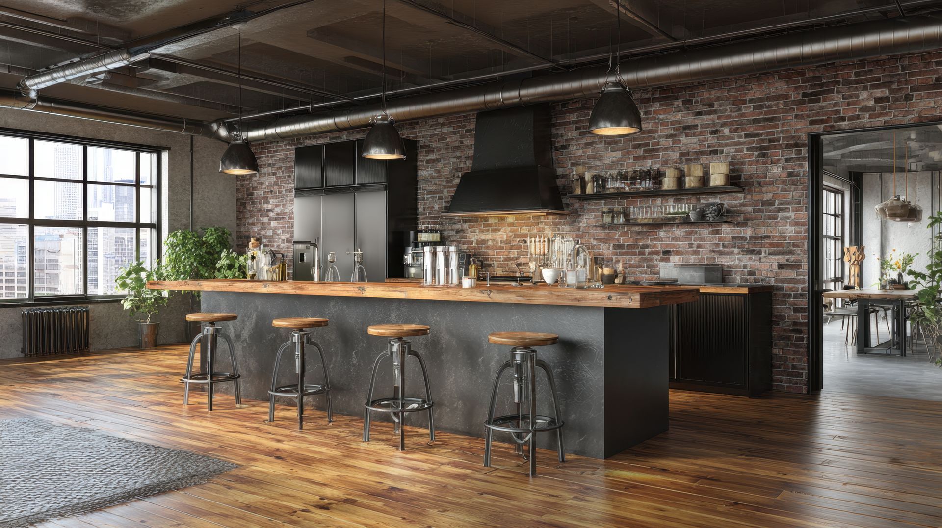 A white loft kitchen with exposed wood and ductwork ceiling. A white loft kitchen with exposed wood and ductwork ceiling.
