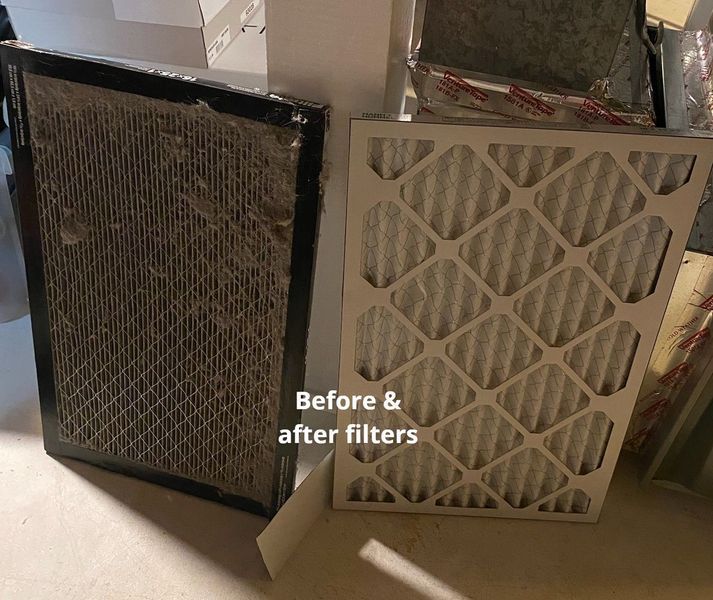 Dirty air filter beside a clean one, showing the impact of regular replacement.