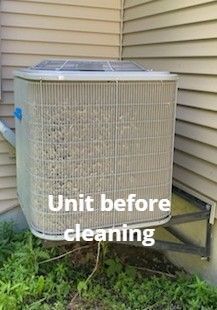 Air conditioning unit before cleaning, covered in debris, against a beige siding wall.