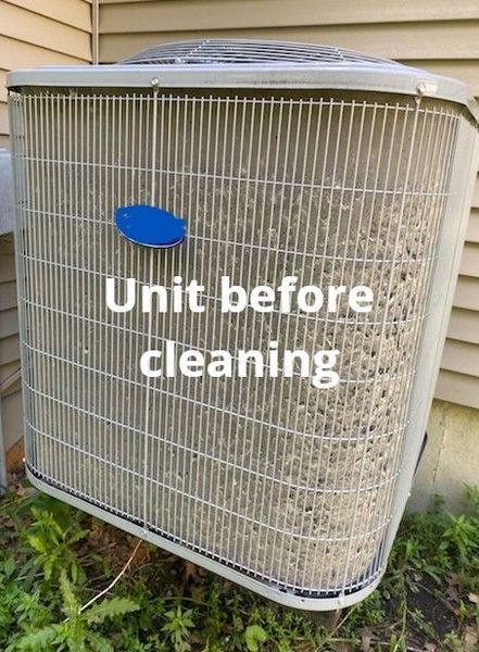 Air conditioner unit covered in dirt before cleaning.