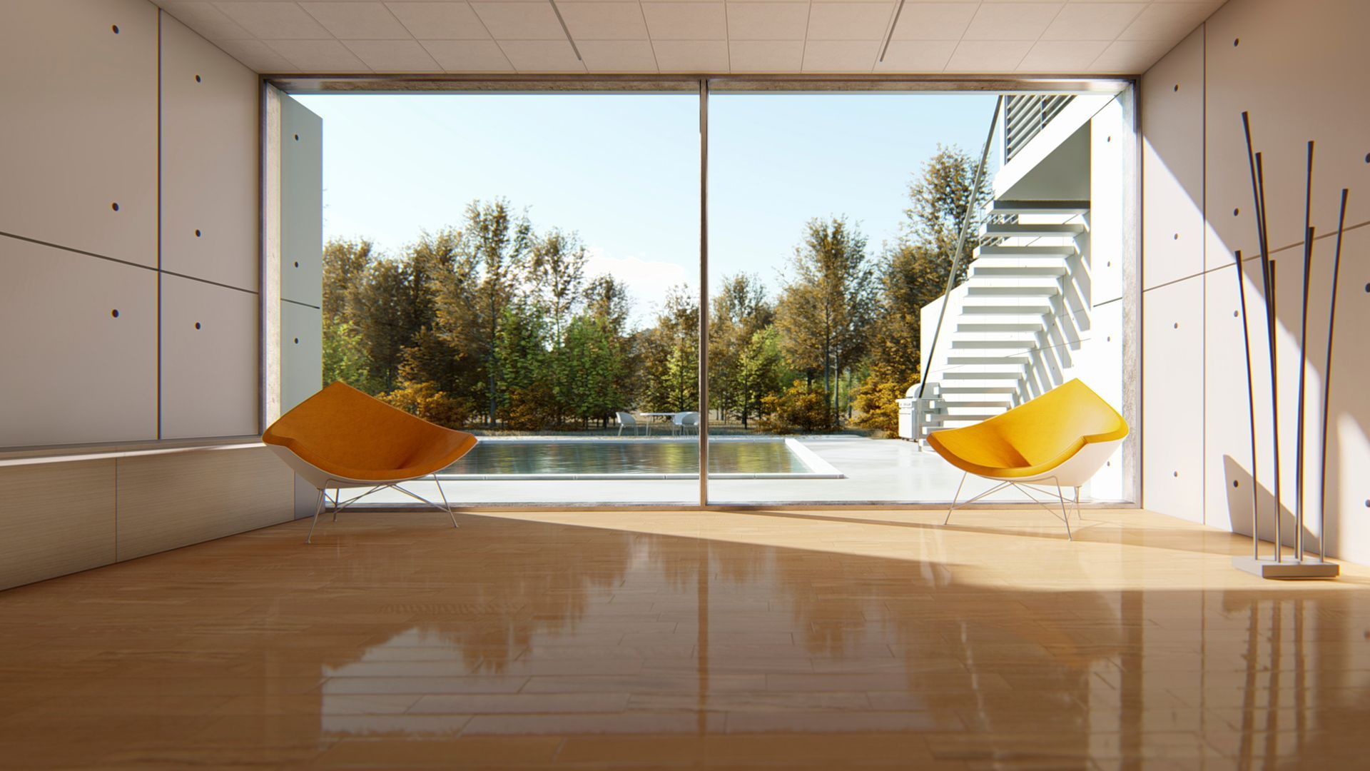 A living room with two chairs and a large window with a view of a swimming pool.