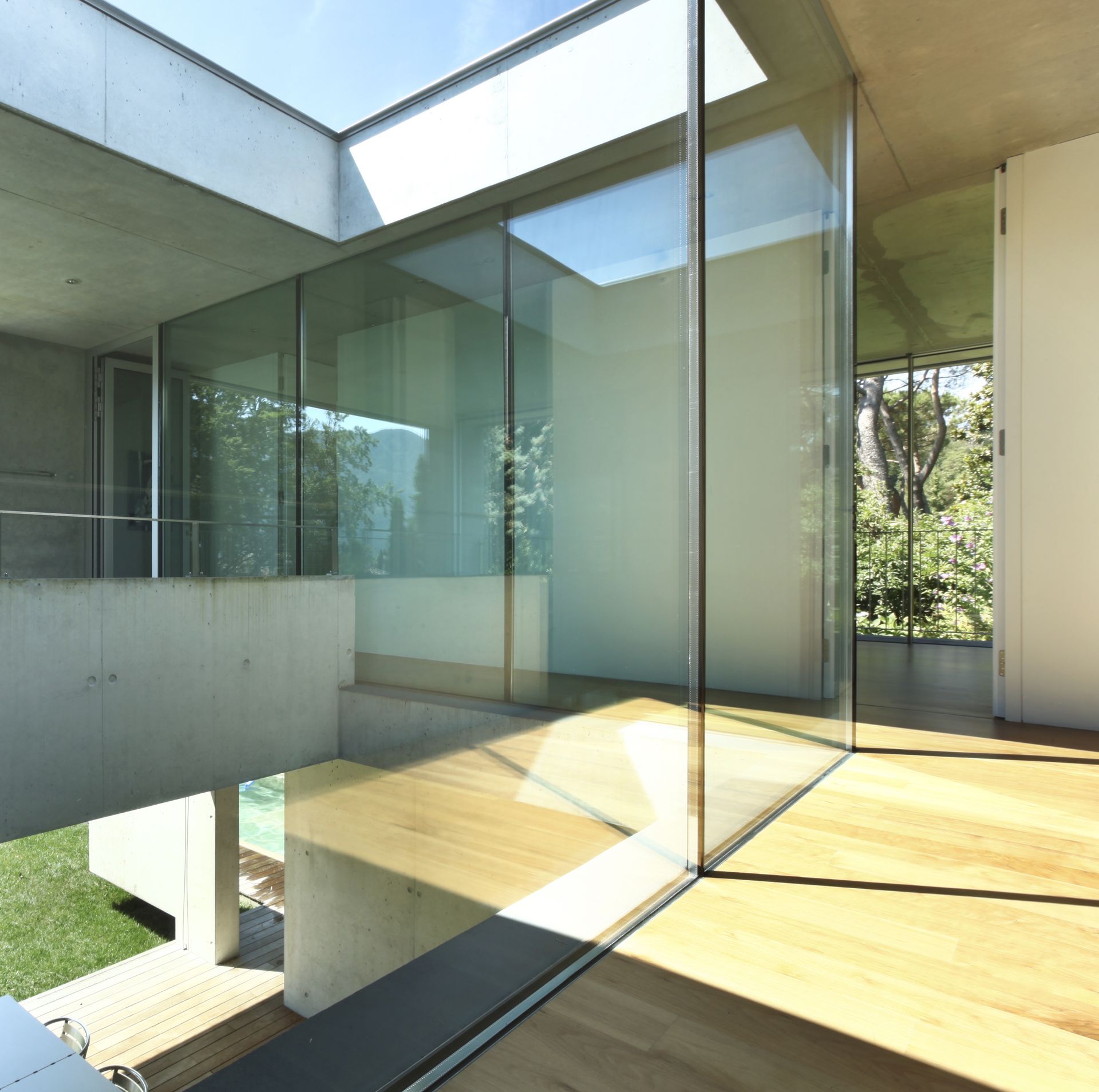 A room with a lot of windows and a skylight