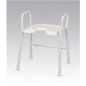 A white stool with a white seat and arm rests on a white background.