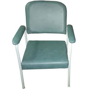 A green chair with a white frame and arm rests on a white background.