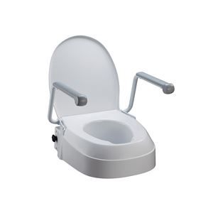 A white toilet seat with arms attached to it on a white background.