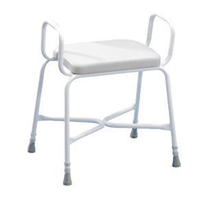 A white stool with a white cushion and arm rests on a white background.