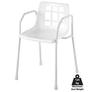 A white chair with a maximum user weight of 125 kg