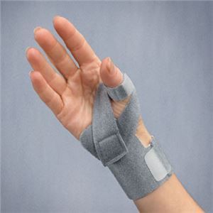 A person is wearing a wrist brace on their left hand