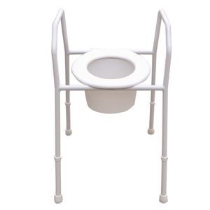 A white commode chair with a white bucket attached to it.