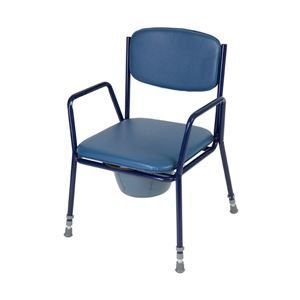 A blue commode chair with a bucket attached to it.