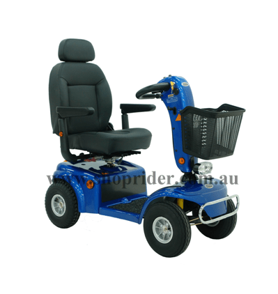 A blue mobility scooter with a black seat and basket