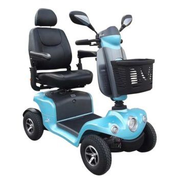 A blue mobility scooter with a basket on the front