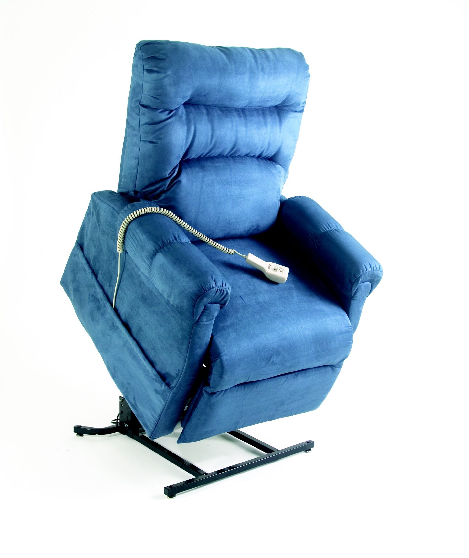 A blue recliner with a remote control attached to it