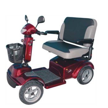 A red mobility scooter with a basket on the front