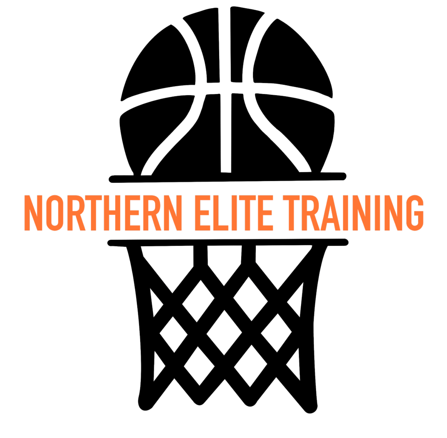 Basketball logo: black ball above a net, with text 