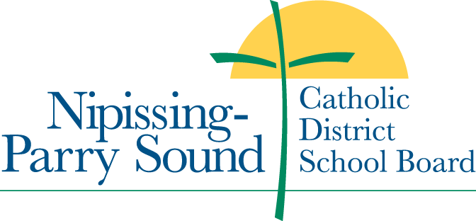 Logo for Nipissing-Parry Sound Catholic District School Board, featuring a cross over a yellow sun.