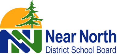 Logo for Near North District School Board: orange sun, green tree, overlapping blue and green N's, and text.