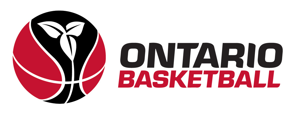 Logo of Ontario Basketball: a red and black basketball with a white leaf emblem, text 