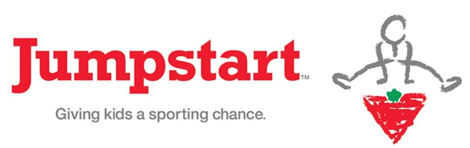 Jumpstart logo: Red text, figure doing a split above a red inverted triangle.