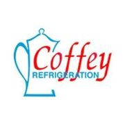 Logo for Coffey Refrigeration. Blue outline of a teapot next to red text reading "Coffey Refrigeration."