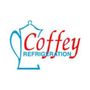 Logo for Coffey Refrigeration. Blue outline of a teapot next to red text reading "Coffey Refrigeration."