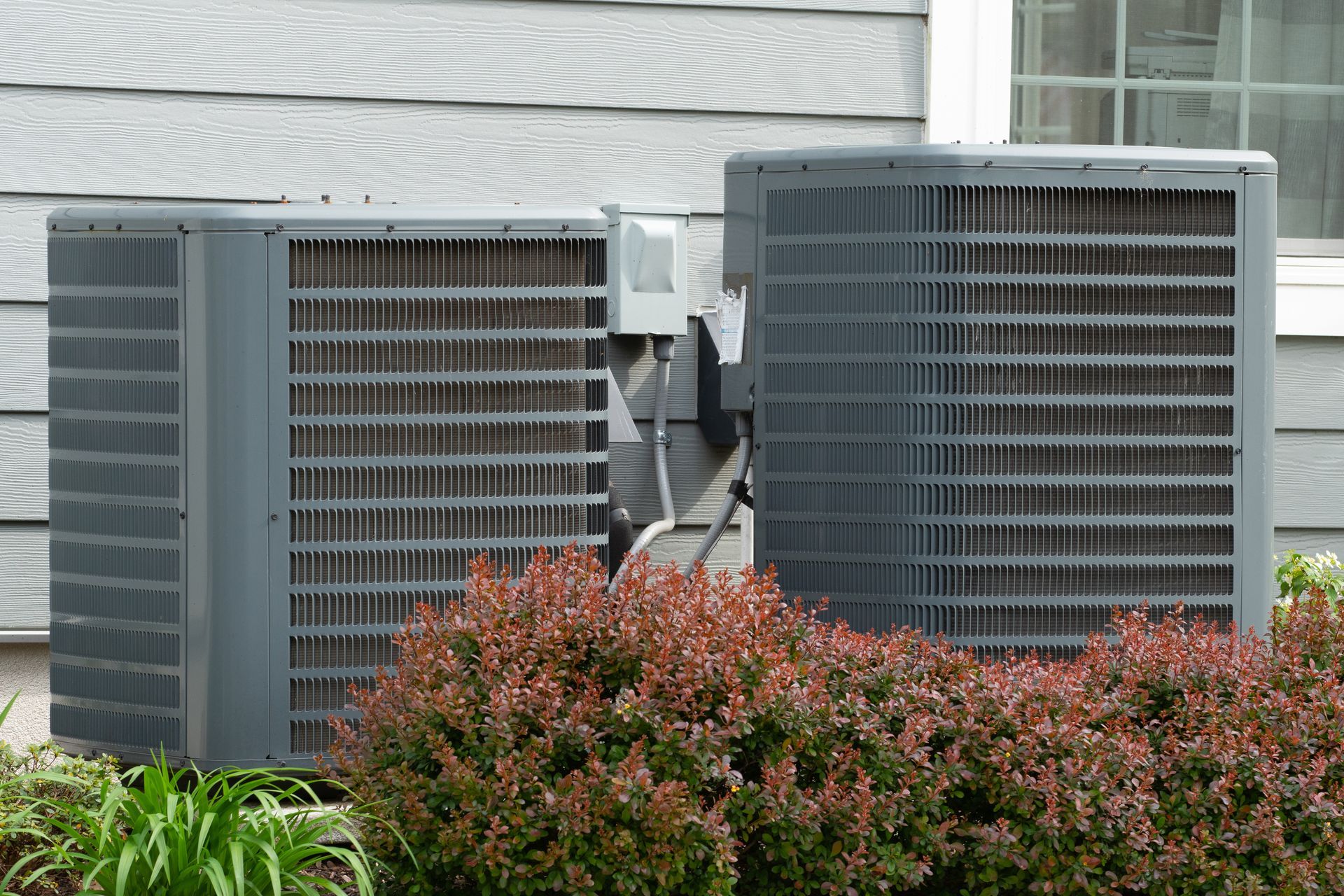 Two gray air conditioning units outside, with red bushes in front.
